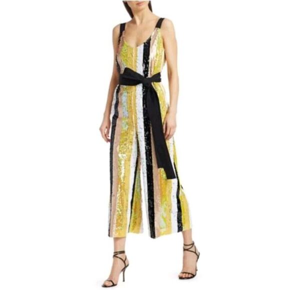 Staud XS Sequin Jumpsuit Puli Buttercup Striped Yellow/Black Party Disco Evening - Picture 1 of 16
